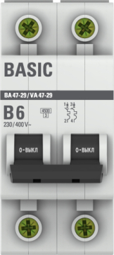 Автоматический выключатель EKF Basic ВА 47-29 2Р 6А 4,5кА (х-ка B) mcb4729-2-06-B