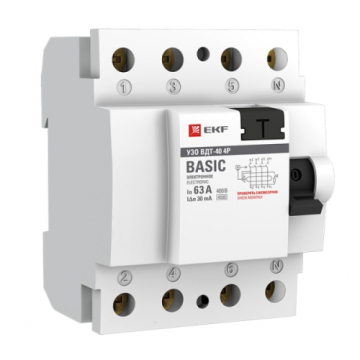 УЗО EKF Basic ВДT-40 4P 63А 30мА тип AC электронное elcb-4-63-30e-sim
