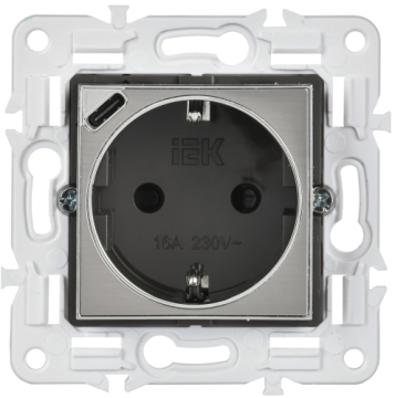 Розетка IEK SKANDY с/з со шторками 16А с USB C 18Вт SK-R17N (никель) SK-R14-16-U14-018-K50