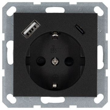 Розетка с заземлением со шторками Jasmart G 16A USB A+C 25W (антрцит) G5501USB-25B