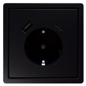 Розетка с заземлением со шторками Jasmart FD 16A USB A+C 25W (soft touch) (черный матовый) FD5501USB-25PBM