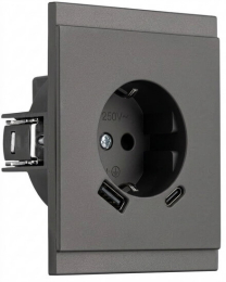 Розетка 16А с USB A+C быстрой зарядки 5В/3А SETE с рамкой (графит) KR-79-0704-3
