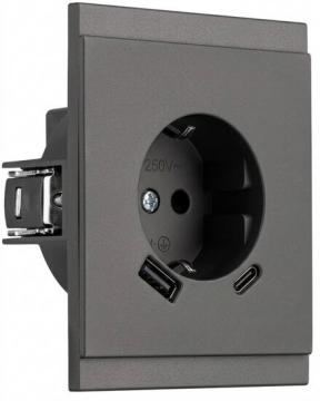 Розетка 16А с USB A+C быстрой зарядки 5В/3А SETE с рамкой (графит) KR-79-0704-3