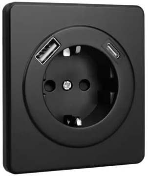 Розетка 16А с USB A+C быстрой зарядки 5В/3А Kranz Round с рамкой (оникс) KR-78-0704-3