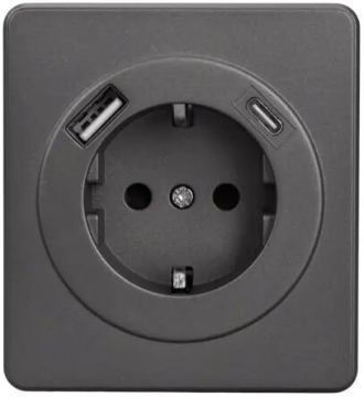 Розетка 16А с USB A+C быстрой зарядки 5В/3А Kranz Round с рамкой (титан) KR-78-0704-2