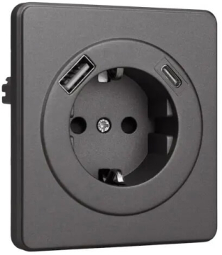 Розетка 16А с USB A+C быстрой зарядки 5В/3А Kranz Round с рамкой (титан) KR-78-0704-2