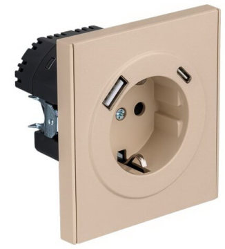 Розетка 16А с USB A+C быстрой зарядки 5В/3А Kranz Strong с рамкой (шелк) KR-78-0704-8