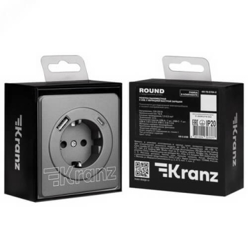 Розетка 16А с USB A+C быстрой зарядки 5В/3А Kranz Round с рамкой (титан) KR-78-0704-2