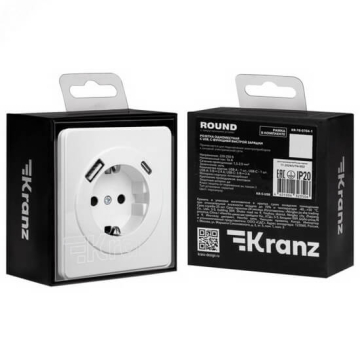 Розетка 16А с USB A+C быстрой зарядки 5В/3А Kranz Round с рамкой (перламутр) KR-78-0704-1